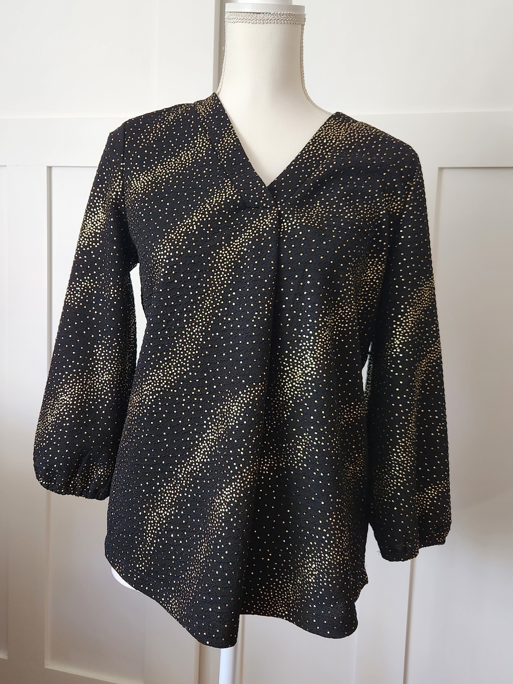 Jones New York Black Blouse with Gold Dot Print